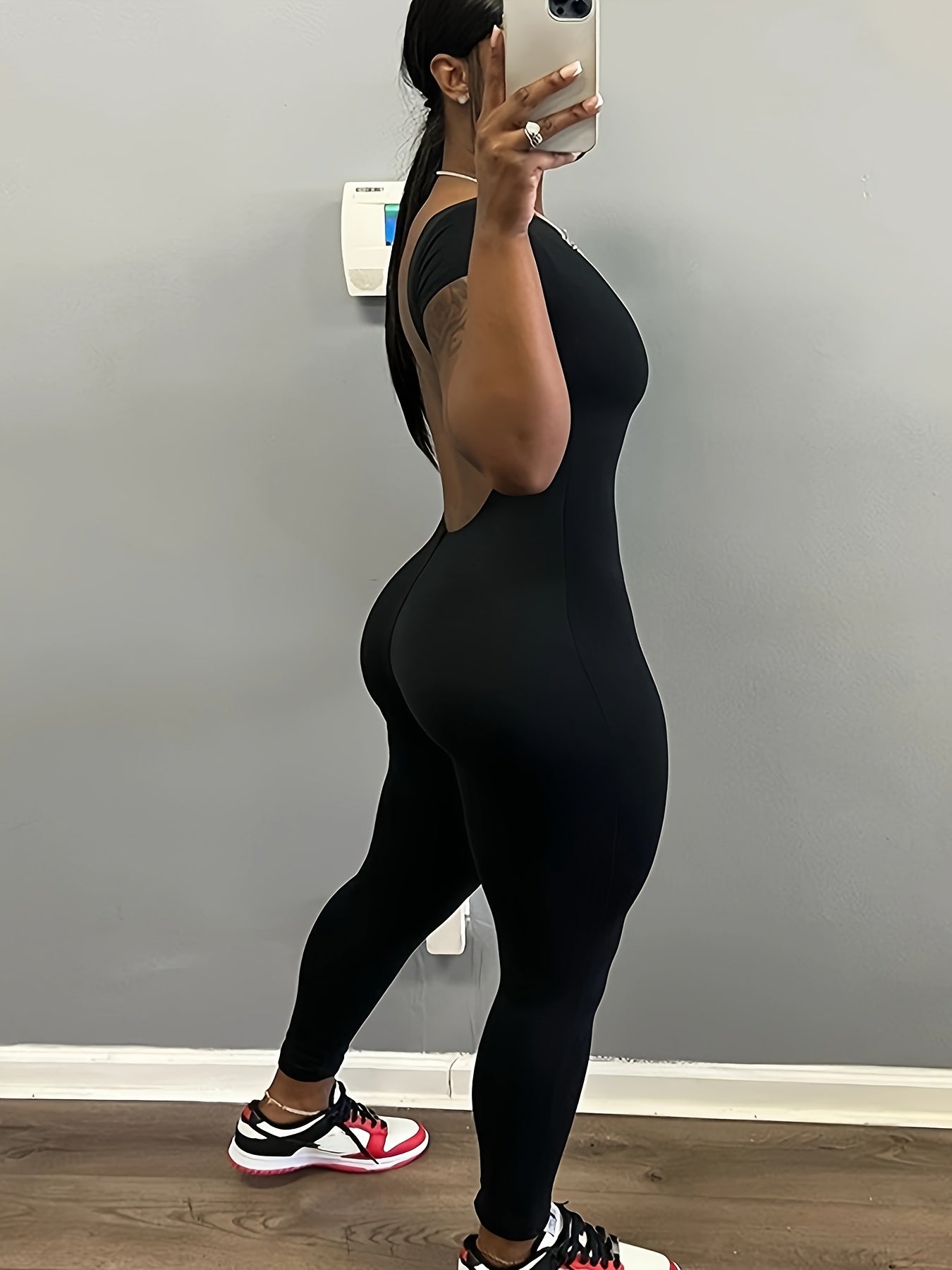 Women's Sexy Backless Bodycon Jumpsuit - Stretchy Polyester-Spandex Blend, Black with Pink "Birthday " Letter Print, Round Neck, Machine Washable, Spring/Summer Casual Outfit, Birthday Attire | Round Neck Jumpsuit | Stretchy